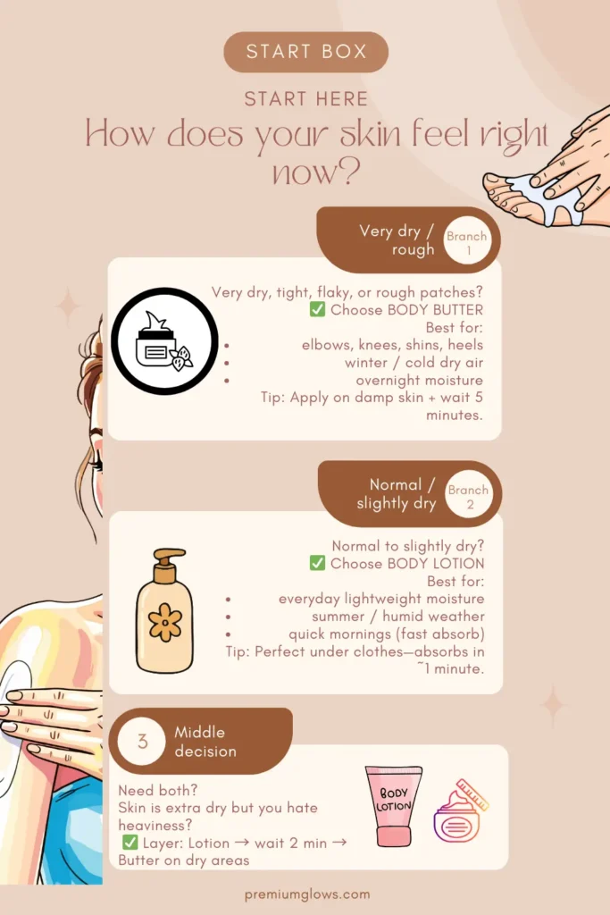 Body butter vs body lotion flowchart showing when to use each based on skin dryness, season, and absorption time