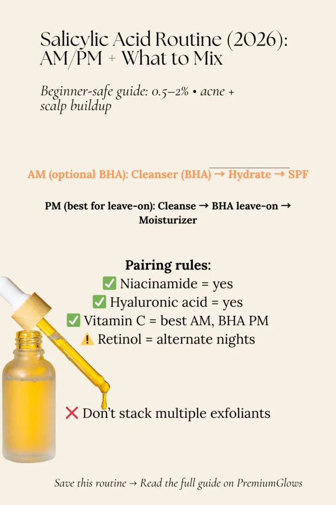Infographic showing an AM/PM salicylic acid routine with pairing tips for niacinamide, vitamin C, retinol, and sunscreen.
