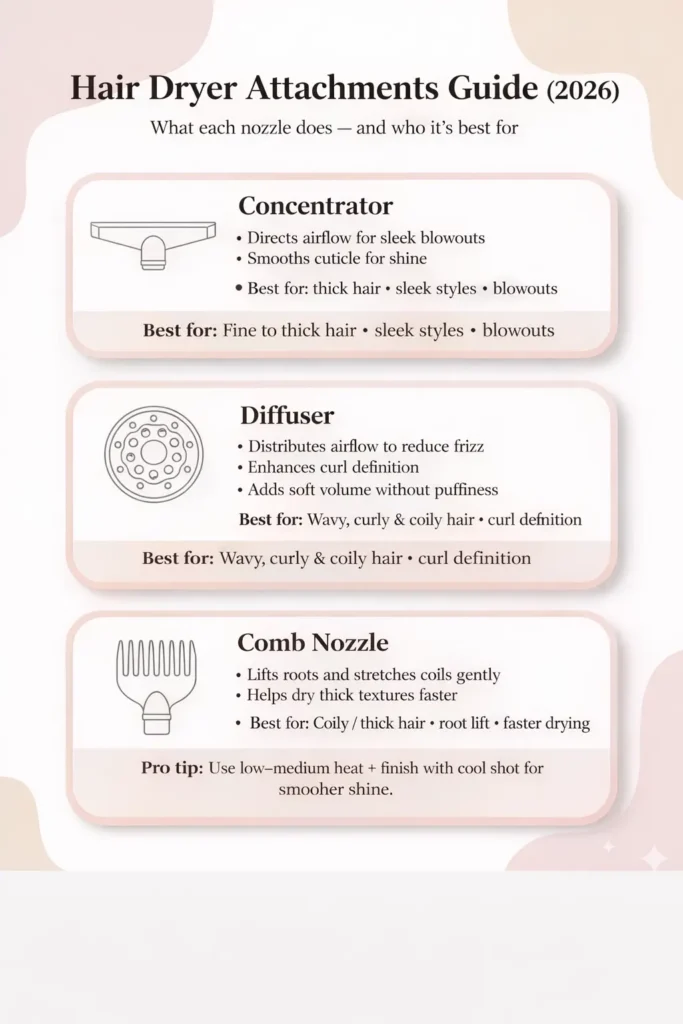 Infographic showing common hair dryer attachments and what each one is used for.