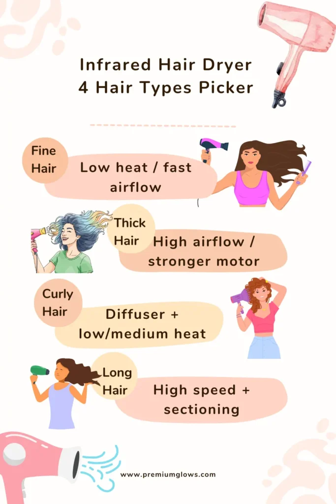 Infographic showing the best infrared hair dryer features by hair type (fine, thick, curly, long).