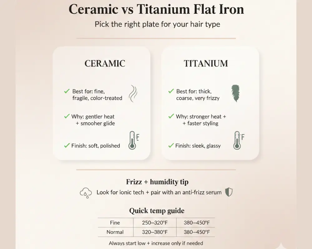 Ceramic vs titanium flat iron guide by hair type for travel dual voltage straighteners.