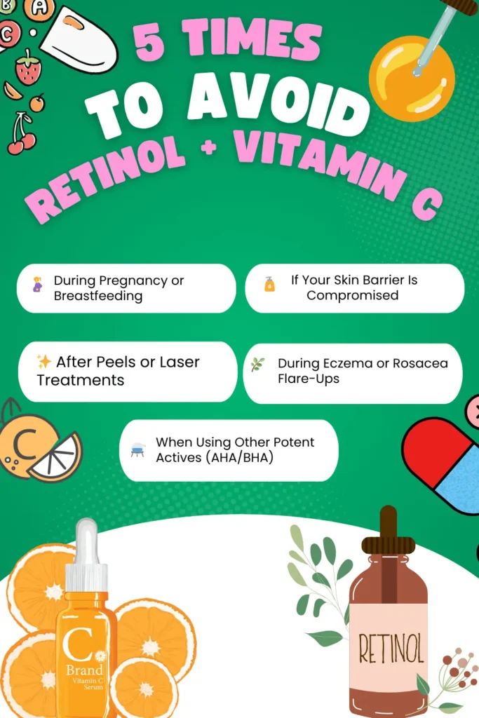 Infographic showing five times to avoid using retinol and vitamin C together &mdash; during pregnancy or breastfeeding, with a damaged skin barrier, after chemical peels or laser, during eczema or rosacea flare-ups, and when using strong actives like AHA or BHA. Gentle skincare caution guide.