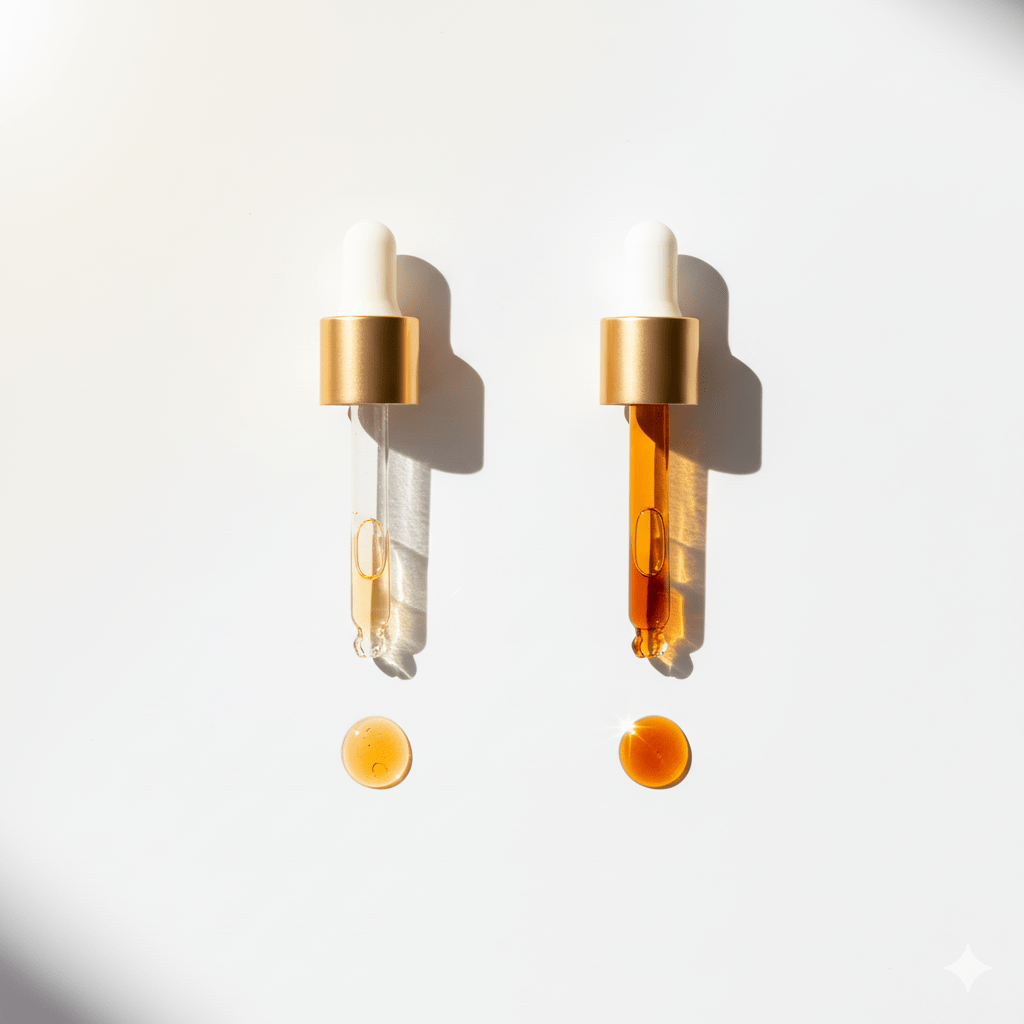 Retinol and Vitamin C serums side by side symbolizing ingredient incompatibility