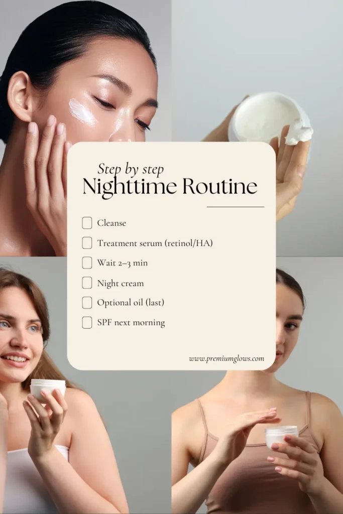 Step-by-step order for applying serum and night cream in a night routine