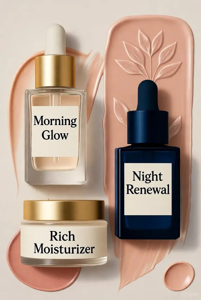 A gentle skincare routine illustration featuring a bright Morning Glow serum bottle, a rich moisturizer jar, and a darker Night Renewal serum bottle, with softly layered pastel beige and blush tones suggesting a protective sandwich method.