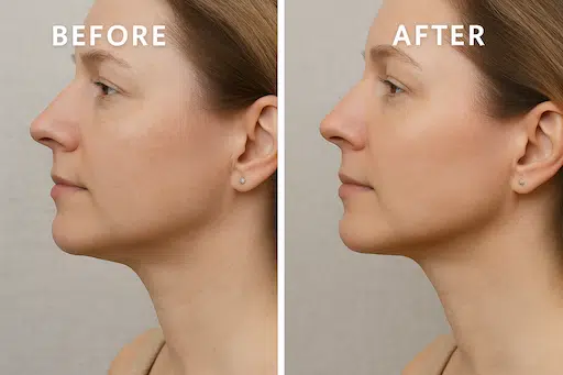 Before and after jawline lift from microcurrent facial treatment