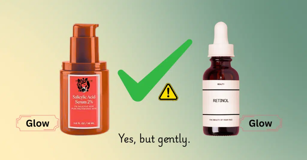 Minimal illustration of salicylic acid and retinol bottles with a checkmark and caution symbol, showing they can be used together carefully.