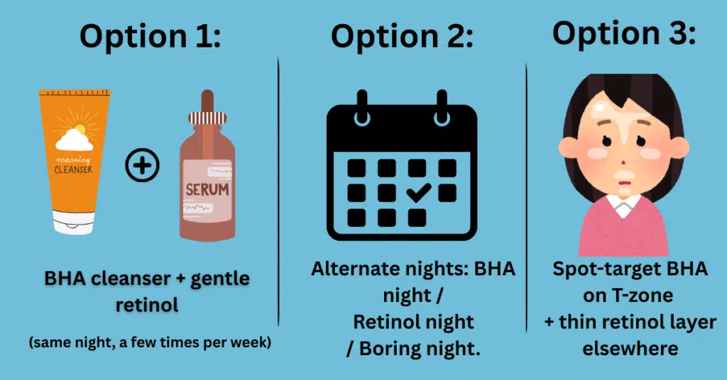 Infographic showing three safe ways to combine salicylic acid and retinol: BHA cleanser with retinol, alternate nights, and spot-targeting.