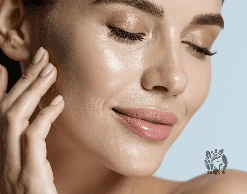 model with glowing bare skin smiling microcurrent post-treatment