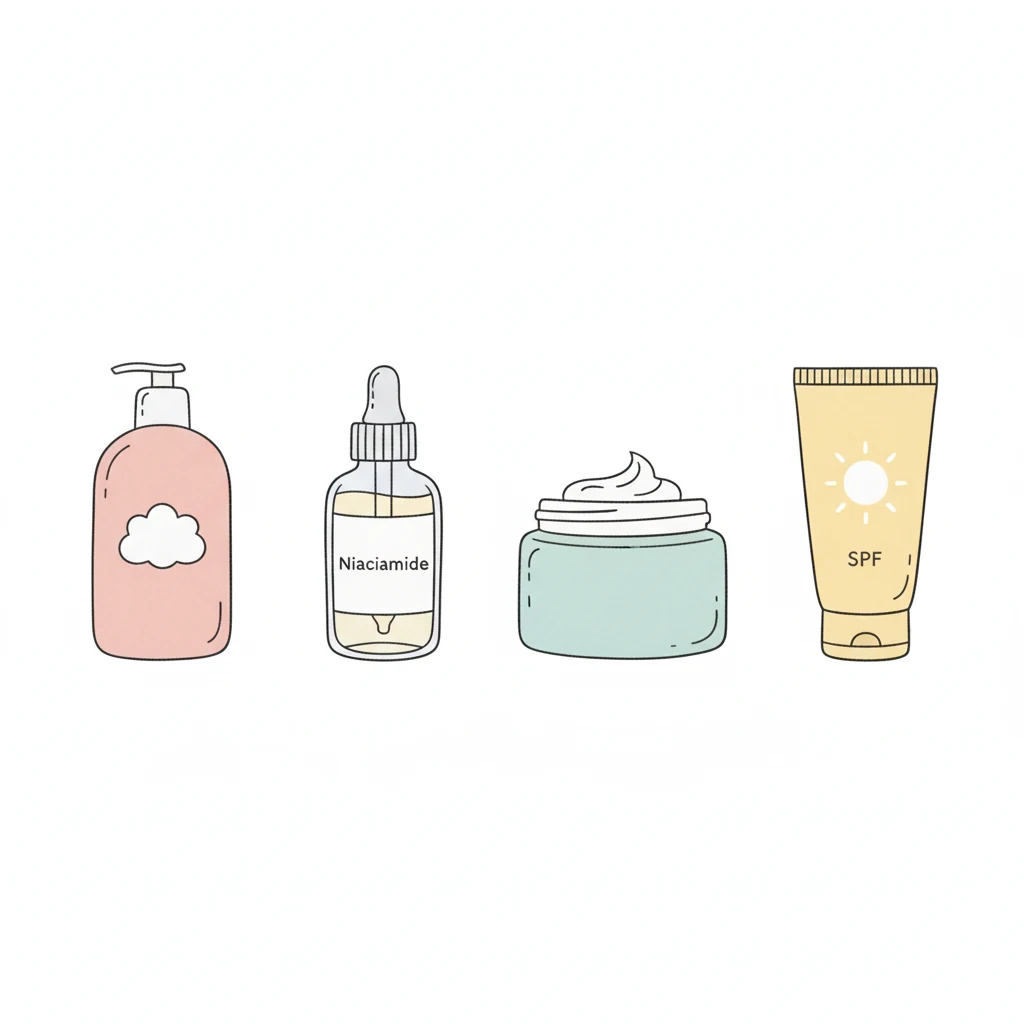 Four-step morning routine graphic showing cleanser, niacinamide serum, moisturizer and sunscreen for dark spots.