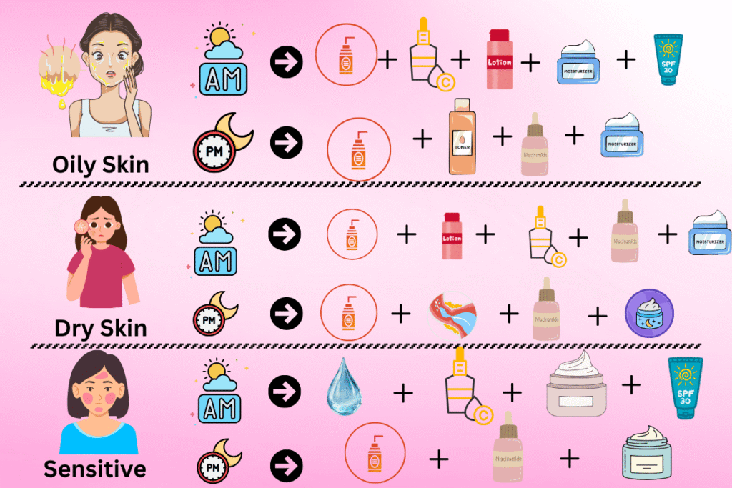 graphic comparing niacinamide and vitamin C routines for oily, dry, and sensitive skin