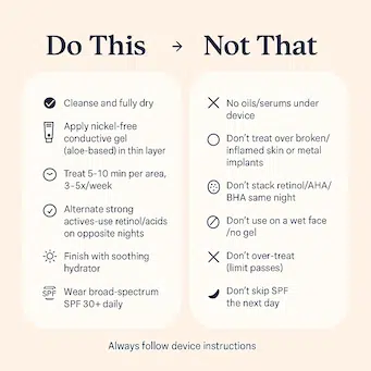 Infographic showing RF device mistakes and corrections for safe skin tightening