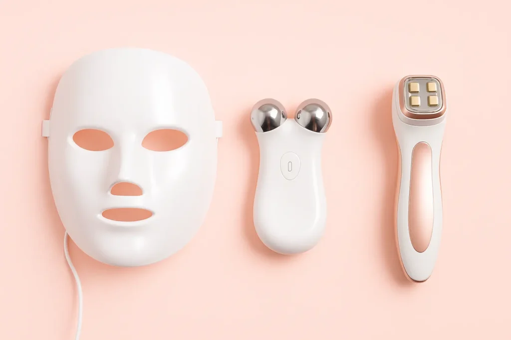 Infographic showing skincare device mistakes and corrections — correct use of LED mask, sunscreen, and hydration vs. overuse and layering acids.