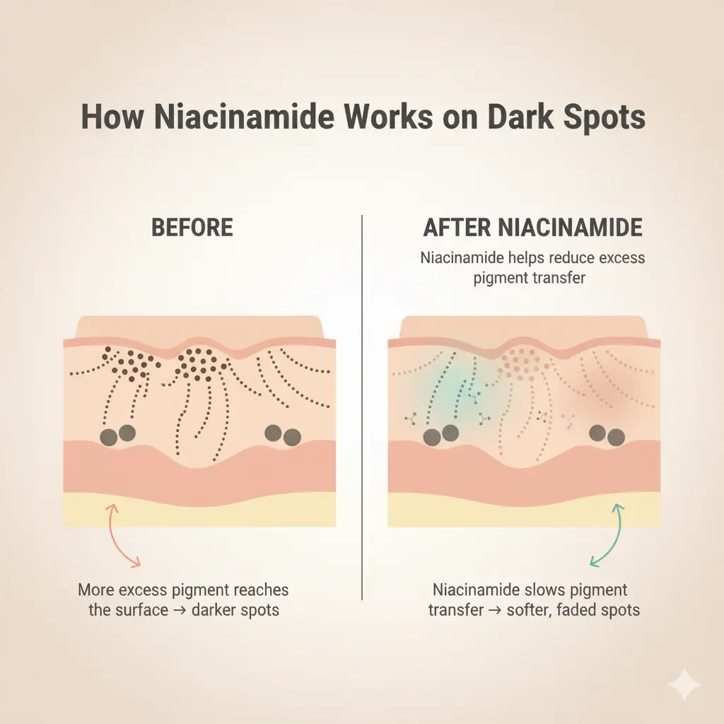 Illustration showing different types of dark spots including PIH, PIE, sun spots and melasma.