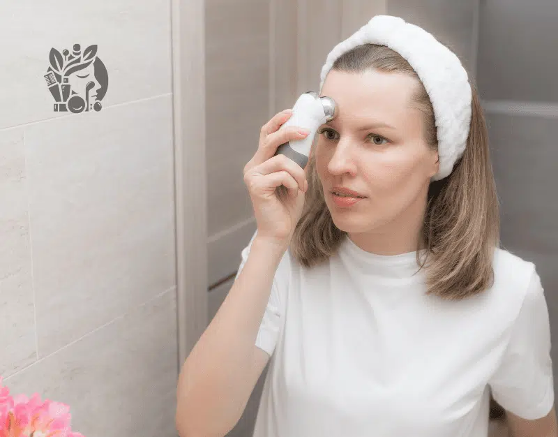 Woman using at-home microcurrent facial device with conductive gel