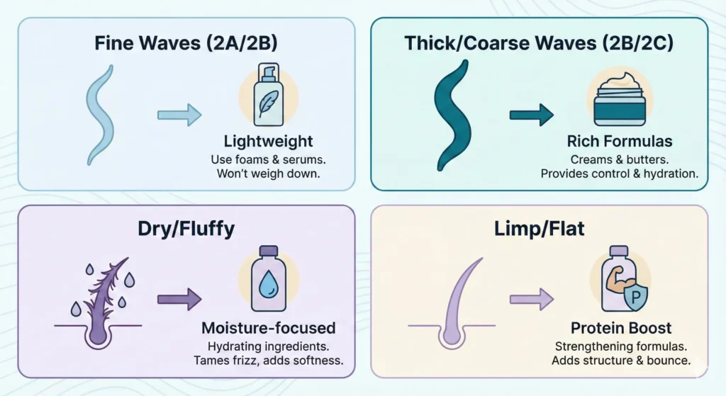 Infographic showing how to choose the best conditioner for wavy hair: lightweight for fine waves, rich formulas for thick waves, moisture-focused for dry hair, protein boost for limp waves.