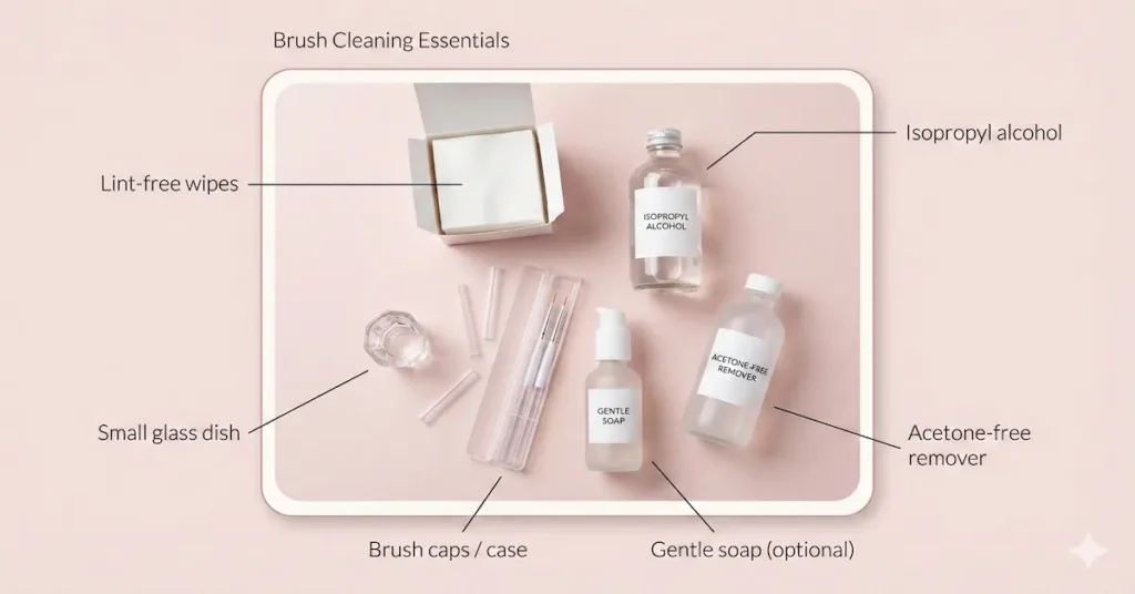 What to use to clean nail art brushes: wipes, remover, alcohol, brush cleaner, dish