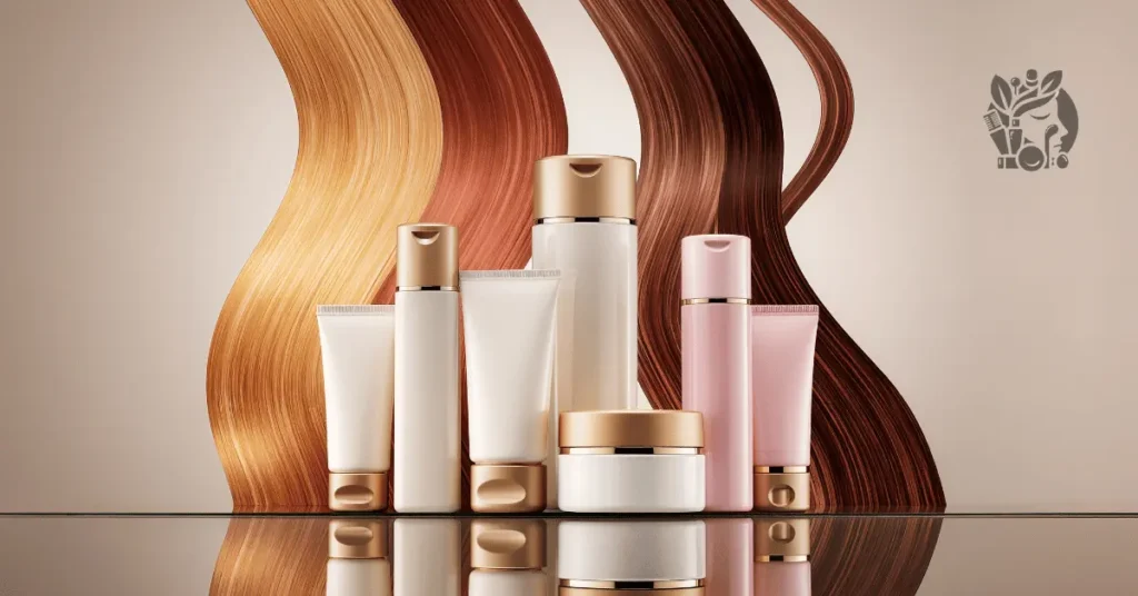 flat lay of lightweight hair mousse bottles and styling tools on a pastel background