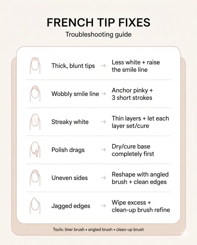 French tip fixes infographic showing common problems and quick solutions for clean, crisp lines.