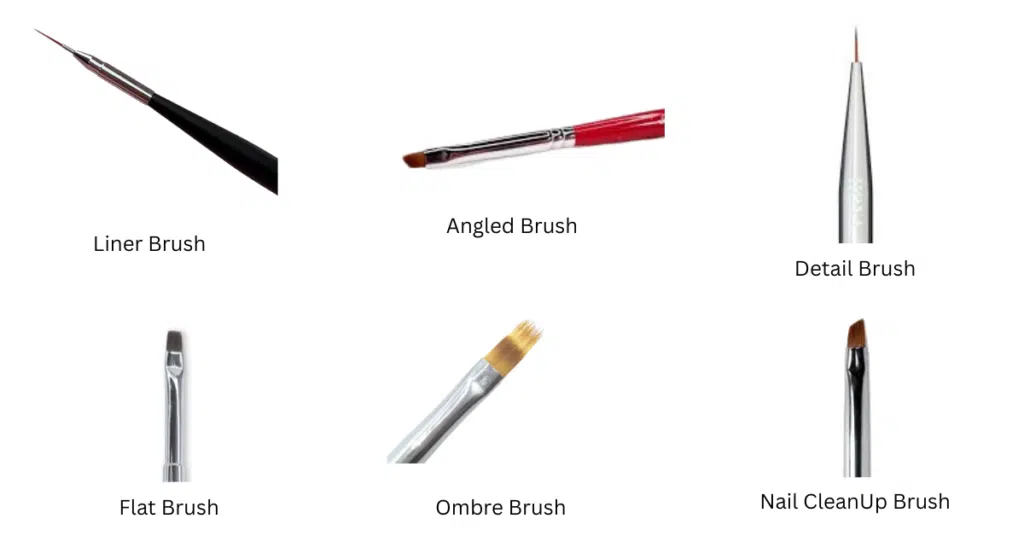 A lineup of fine brushes used for nail art, including liner and detail brush shapes.