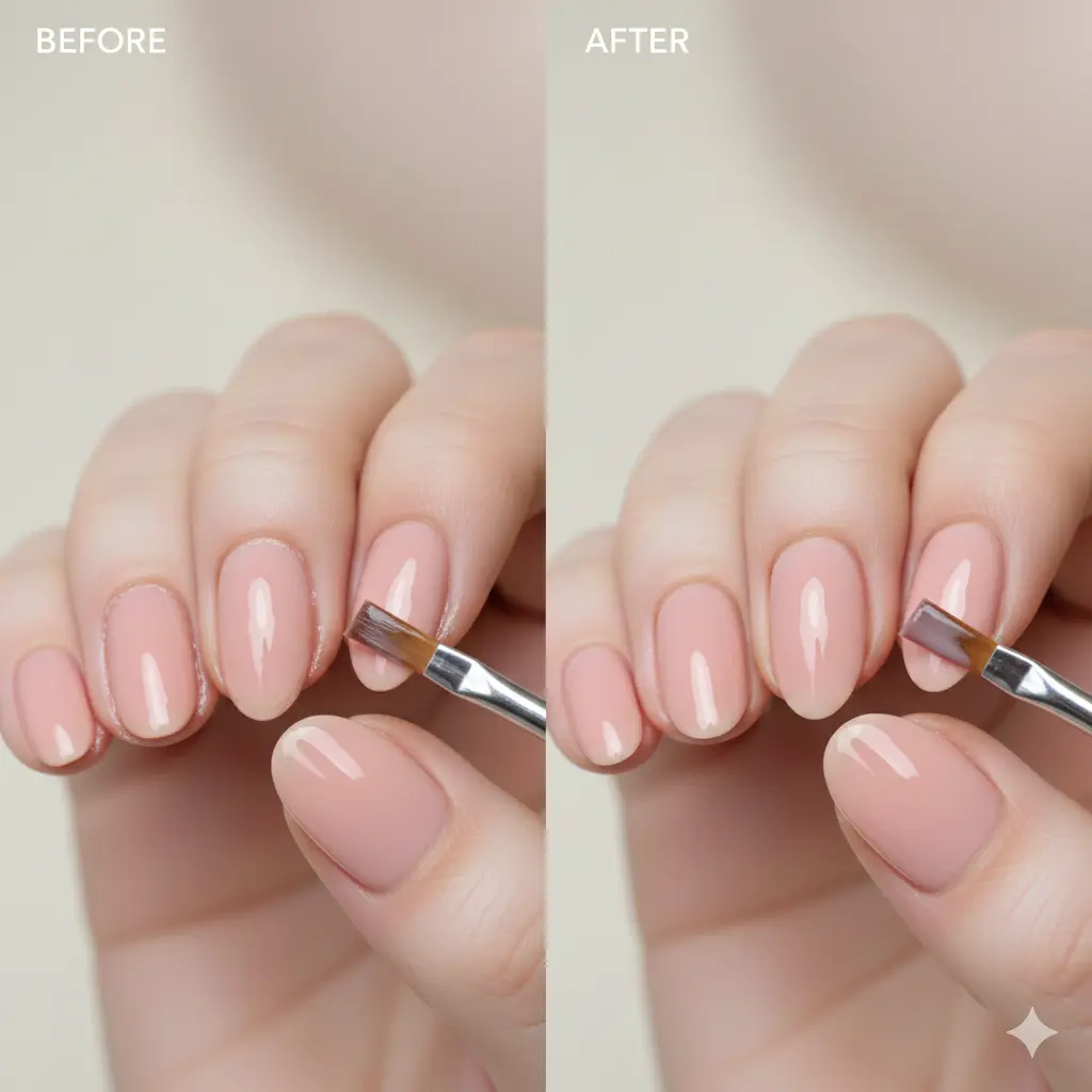 Before and after showing a cleanup brush refining nude-pink polish around the cuticle for cleaner edges.