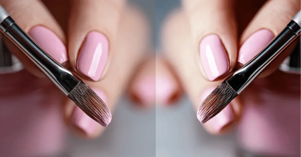 Close-up of a flat nail brush applying pink gel polish for smooth, even coverage