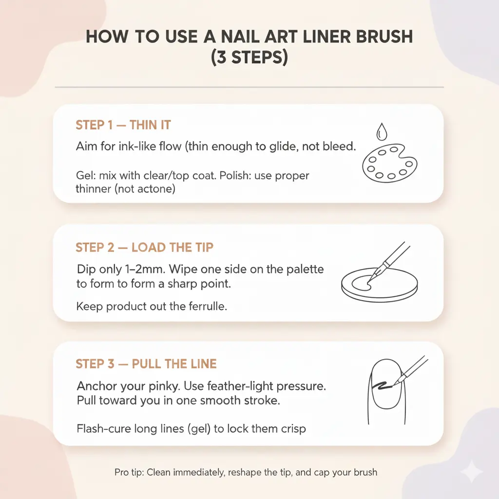 Infographic showing how to use a nail art liner brush in 3 steps: thin it, load the tip, pull the line
