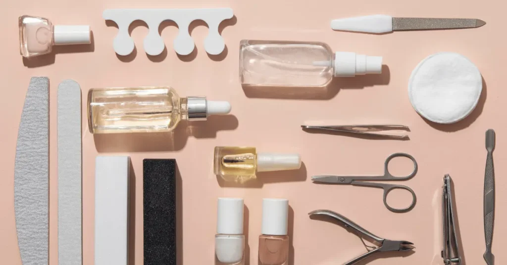 Brush care essentials for nail art brushes including cleanser and tools