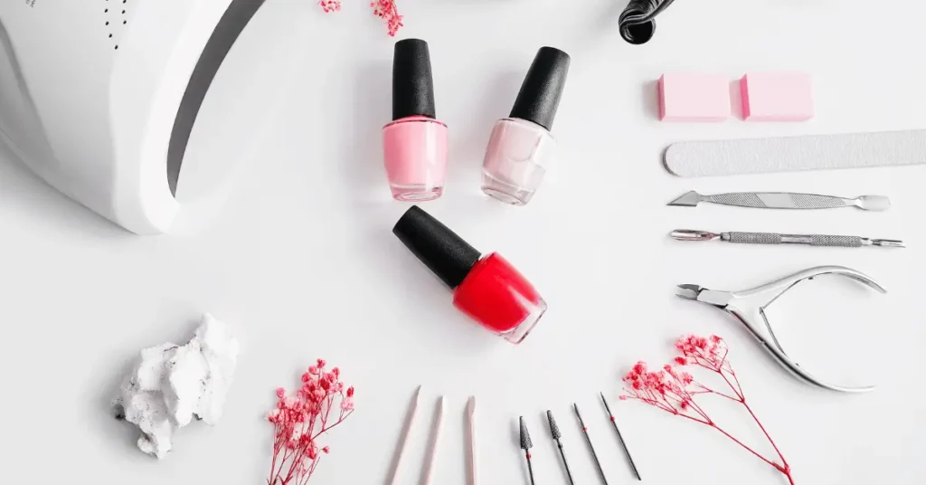 Nail art setup with polish and tools for detailed liner brush designs