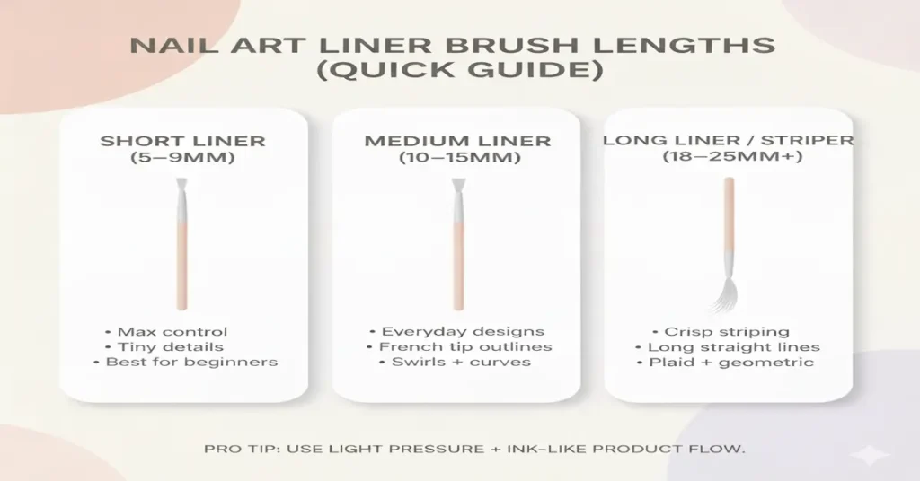 Infographic showing nail art liner brush lengths: short (5&ndash;9 mm), medium (10&ndash;15 mm), and long/striper (18&ndash;25 mm+)