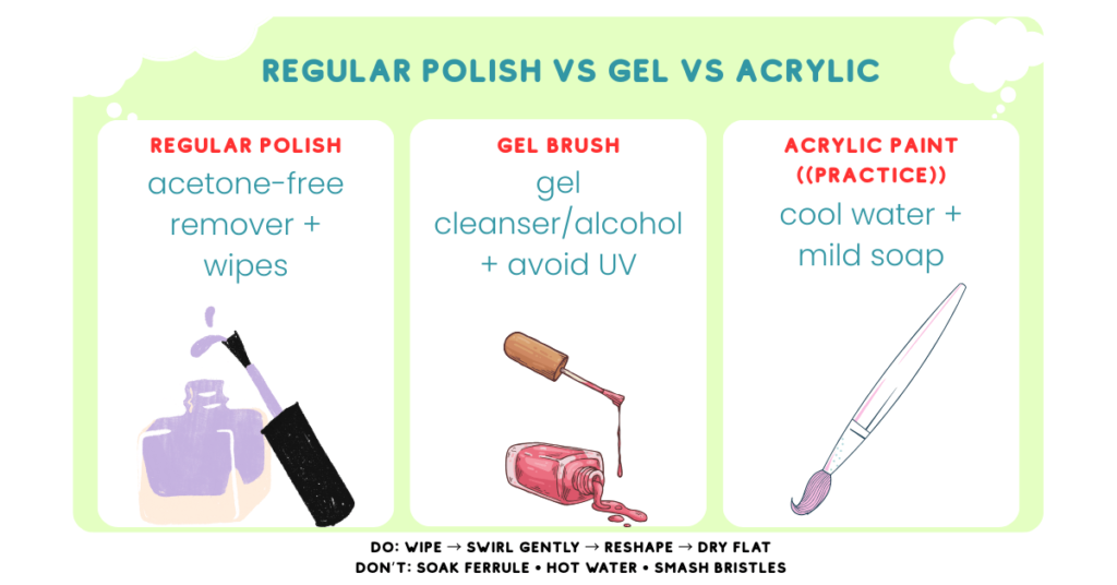 Regular polish vs gel vs acrylic paint: what to use to clean nail art brushes