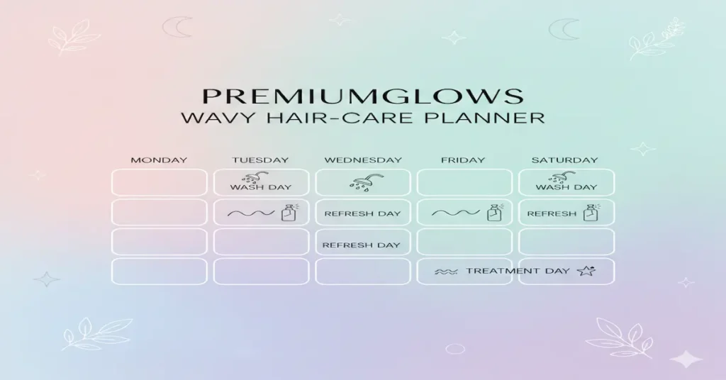 Weekly wash and refresh schedule concept for different wavy hair types