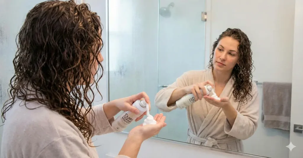 woman with fine hair applying volumizing mousse to damp hair before blow drying