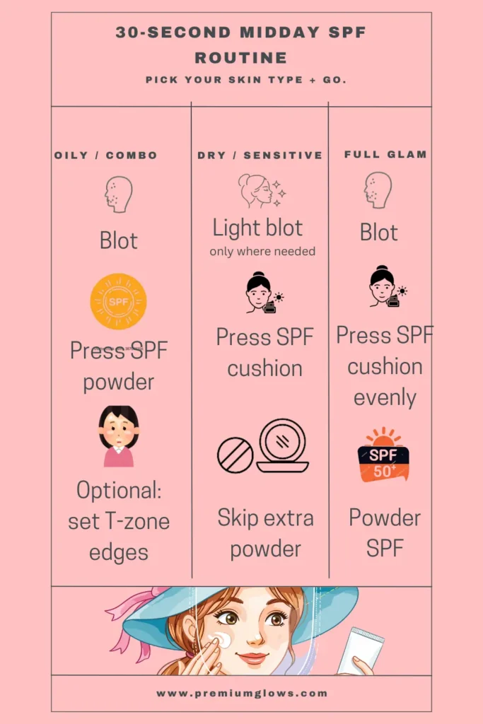 30-second SPF touch-up routine chart for oily, dry/sensitive, and full glam makeup.