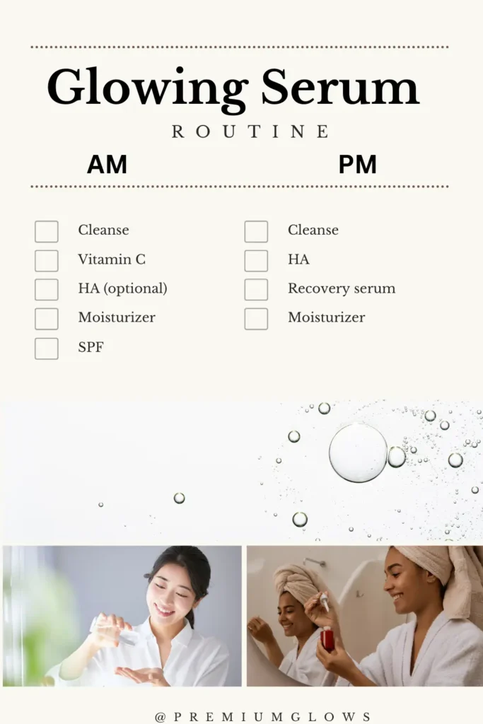 AM and PM glow routine chart showing how to layer vitamin C, hyaluronic acid, and recovery serums without irritation