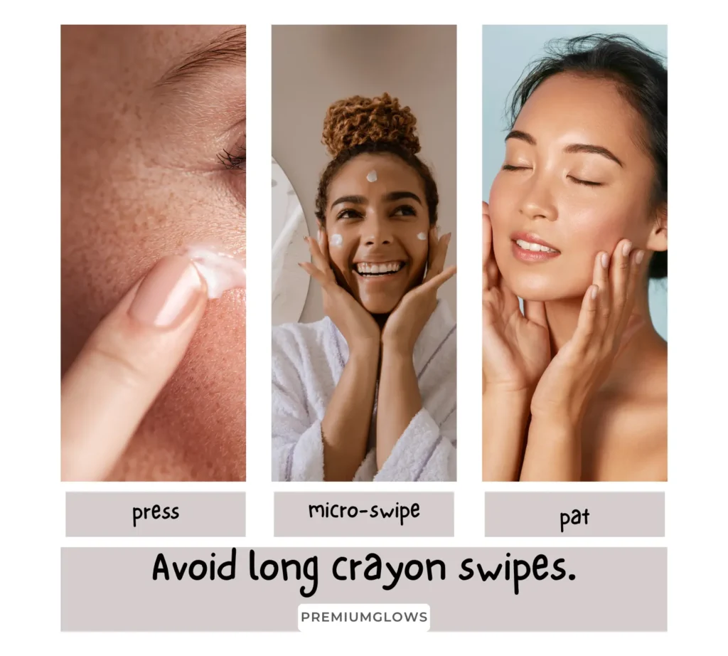 Three-step method to reapply sunscreen stick over makeup: press, micro-swipe, then pat to avoid smudging.