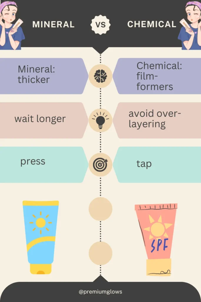 Mineral vs chemical sunscreen comparison for pilling and makeup layering.