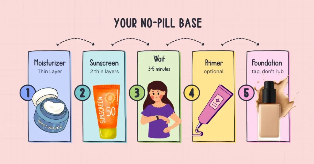 No-pill base routine order: moisturizer, sunscreen, wait, primer, and foundation.