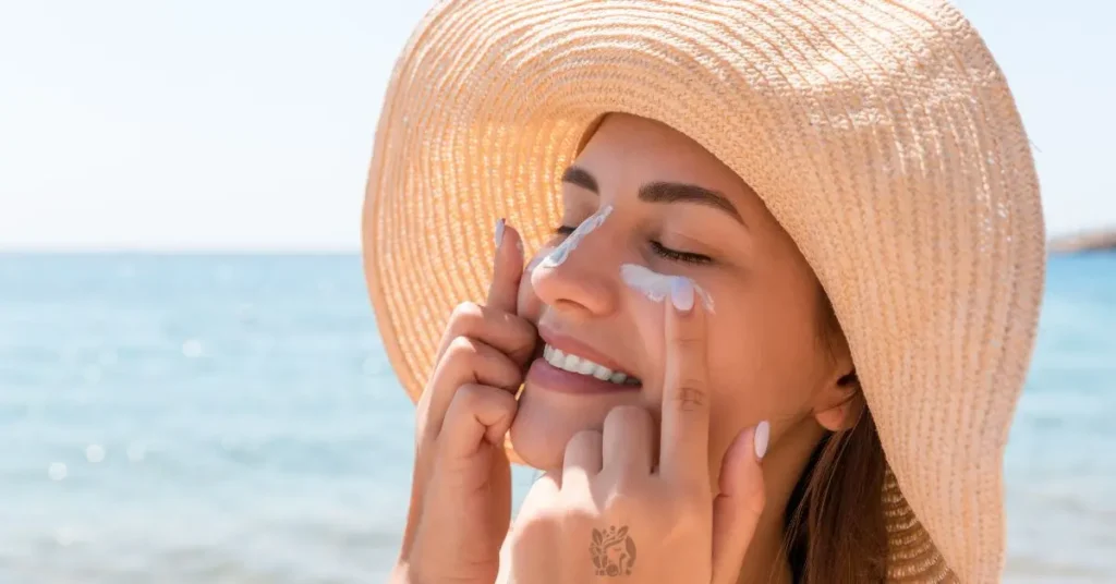 Woman applying sunscreen on face showing how to reapply SPF over makeup