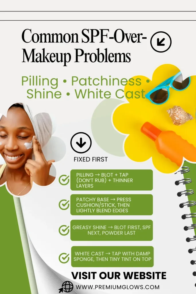 Quick fixes for sunscreen over makeup issues like pilling and shine.