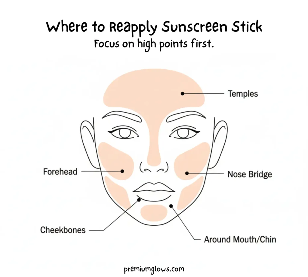 Face map highlighting key zones to reapply sunscreen over makeup, including forehead, nose, cheekbones, and chin.