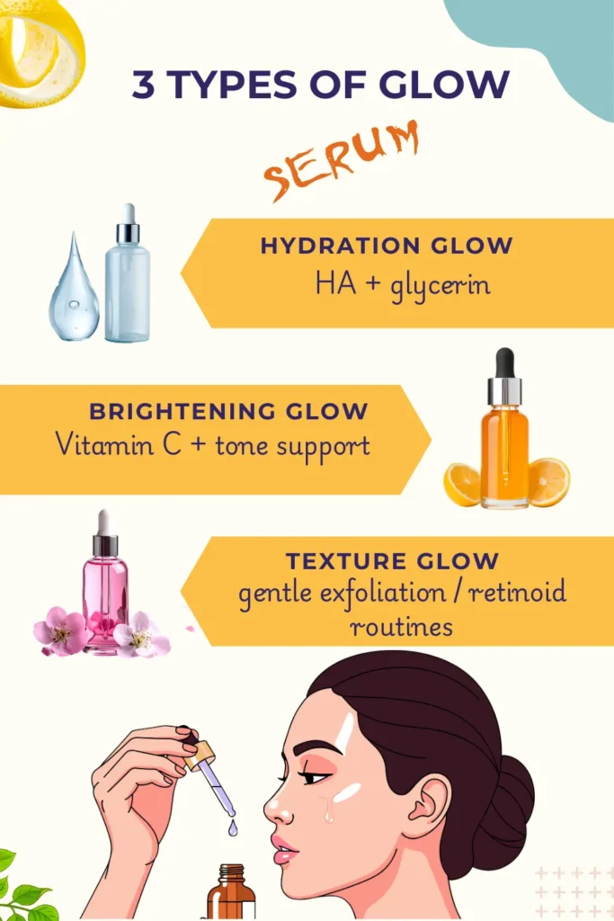 Diagram showing three types of glow: hydration glow, brightening glow, and texture glow