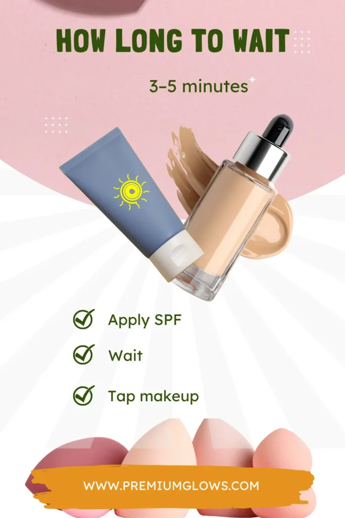 Timer graphic showing 3&ndash;5 minutes wait after sunscreen before applying makeup.