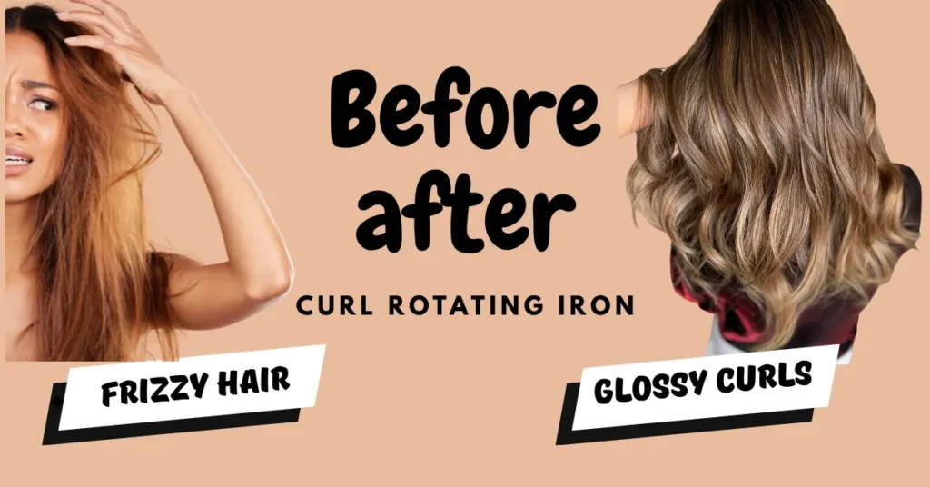 Before and after showing smooth curls created with a rotating curling iron