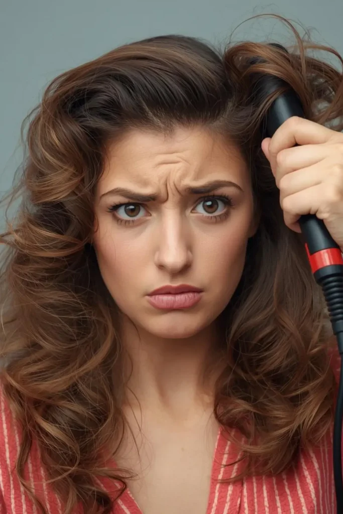 Woman struggling to curl hair with a curling iron