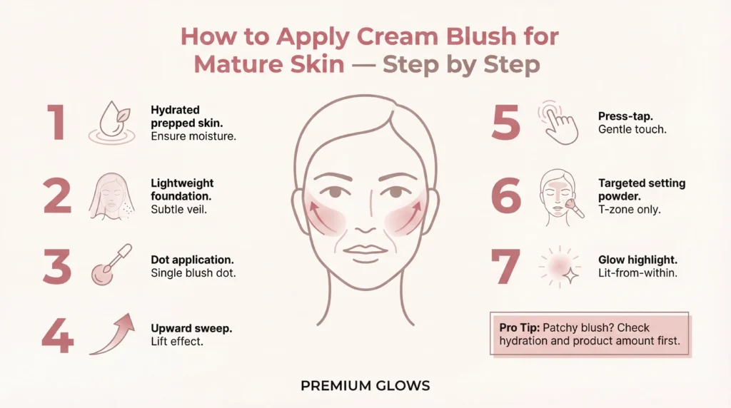 How to apply cream blush for mature skin step by step infographic showing 7 steps including hydration, dot application, upward sweep, press-tap technique, and glow highlight.