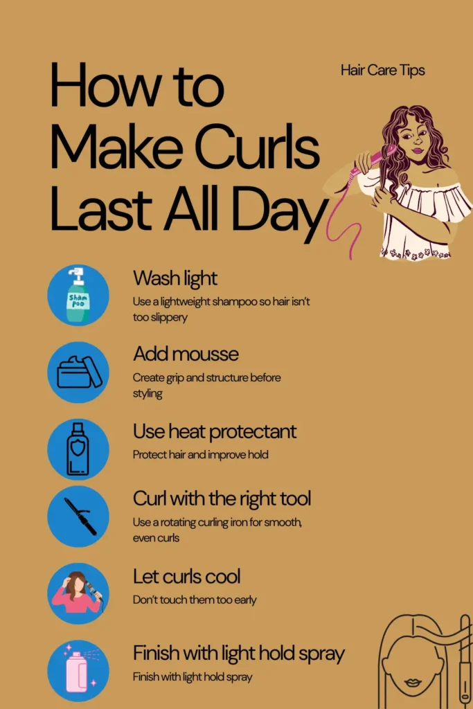 step by step infographic showing how to make curls last all day