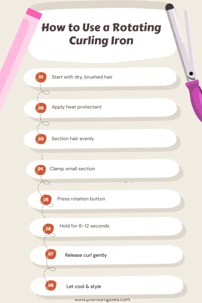 Step by step infographic showing how to use a rotating curling iron for soft waves
