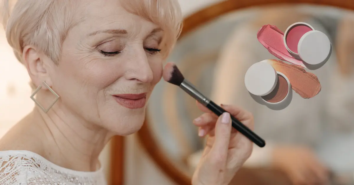 mature woman is applying blush cream on her face