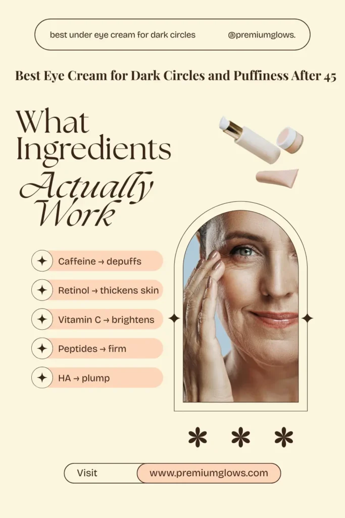 Infographic showing key eye cream ingredients and what they do for dark circles